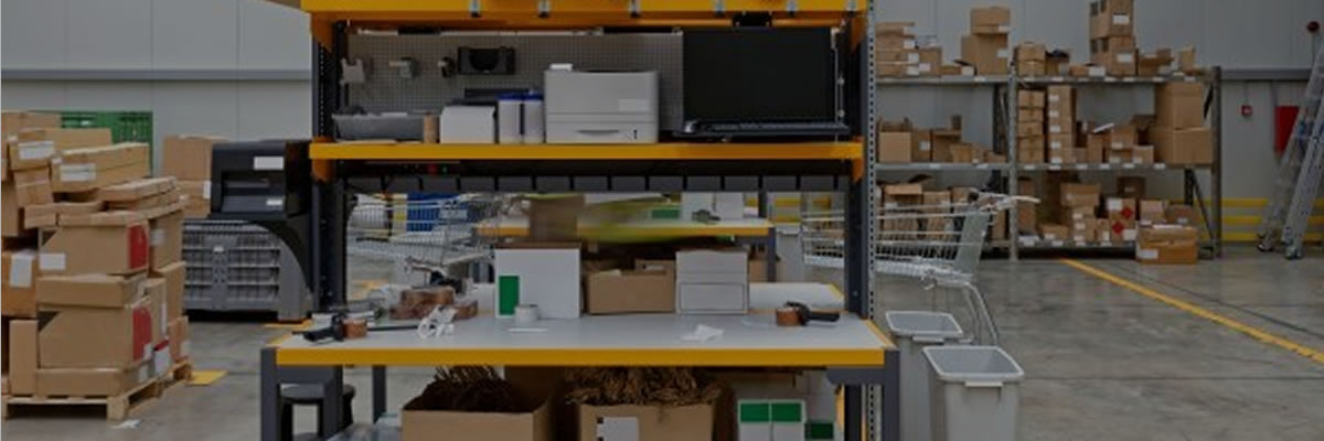 Packplatz mit Bildschirm und Verpackungsmaterial